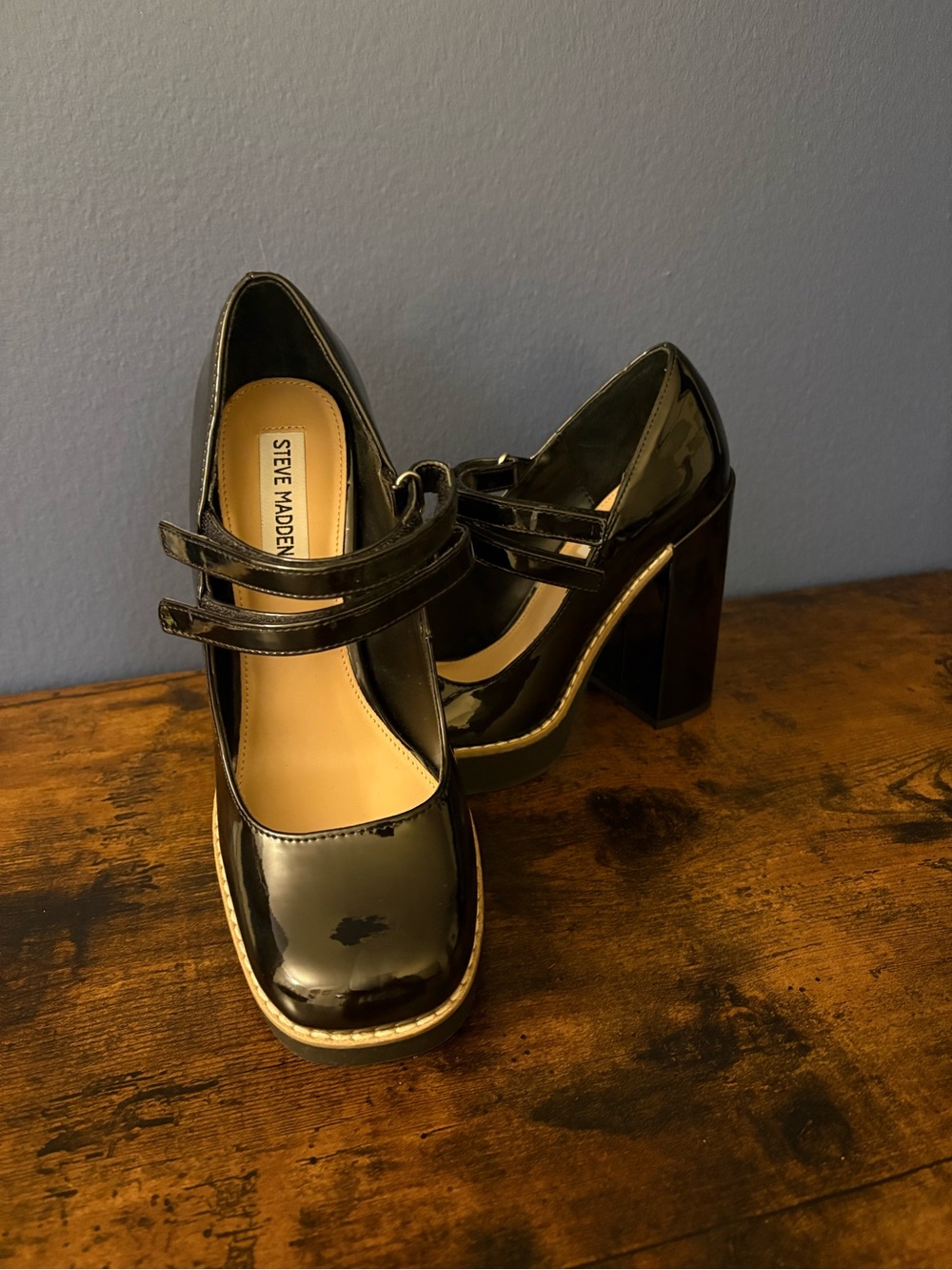 Steve Madden Black Patent Double-Strap Platform Heels